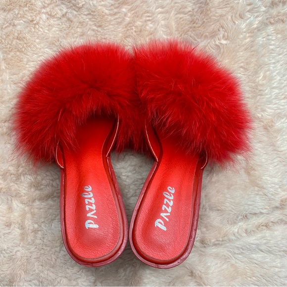 Faux Mink Red Strapless Chunky Heels - Picture 4 of 10